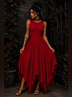 Shop WTD Red Handkerchief Hem Midi Dress Size Medium Gothic Boho Romantic